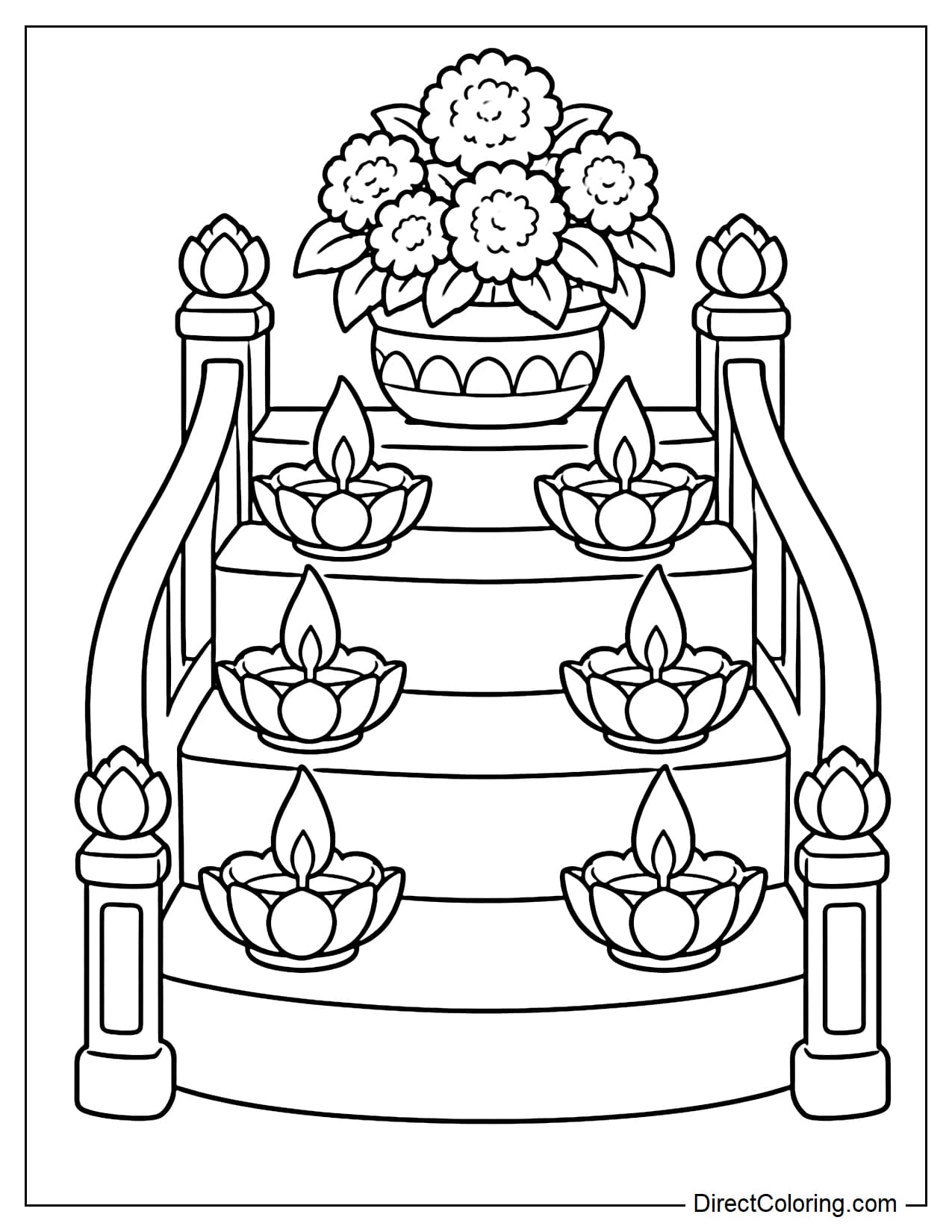 A gently curved four-step staircase with two lotus-shaped diya lamps on each step. Low floral railings line both sides, and a large pot of marigolds sits at the top.
