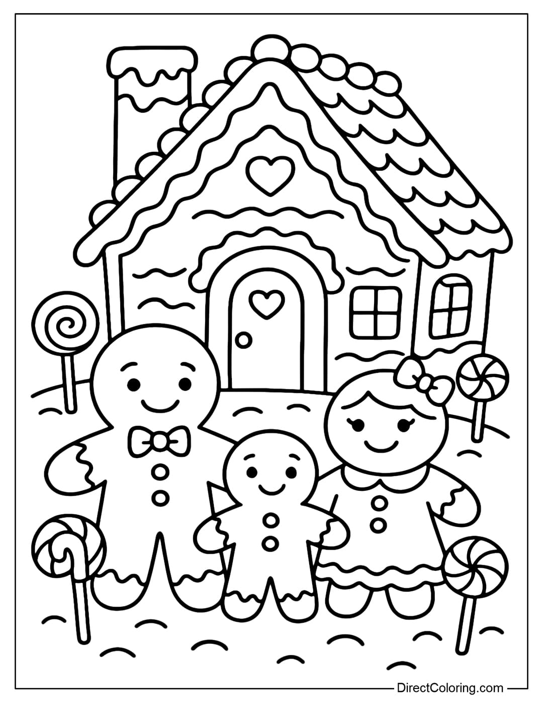 A gingerbread house coloring page with a gingerbread family of father, mother, and child, and candy cane decorations around the yard.