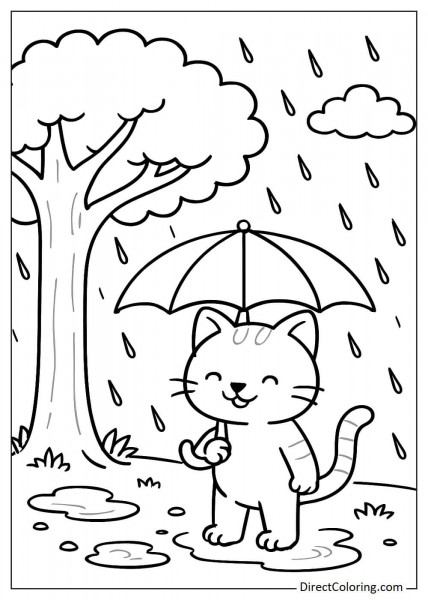 Cat holding umbrella under a big tree coloring page