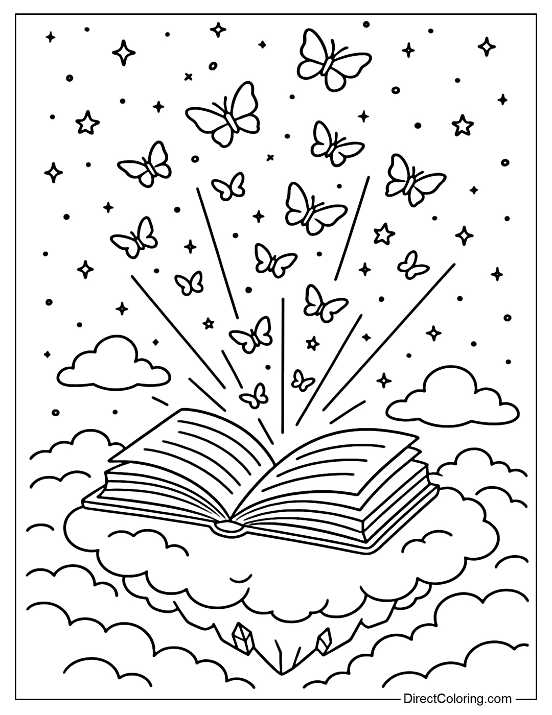 A giant ancient book coloring page floating on a crystal cloud island. Hundreds of luminous butterflies fly out from the pages.