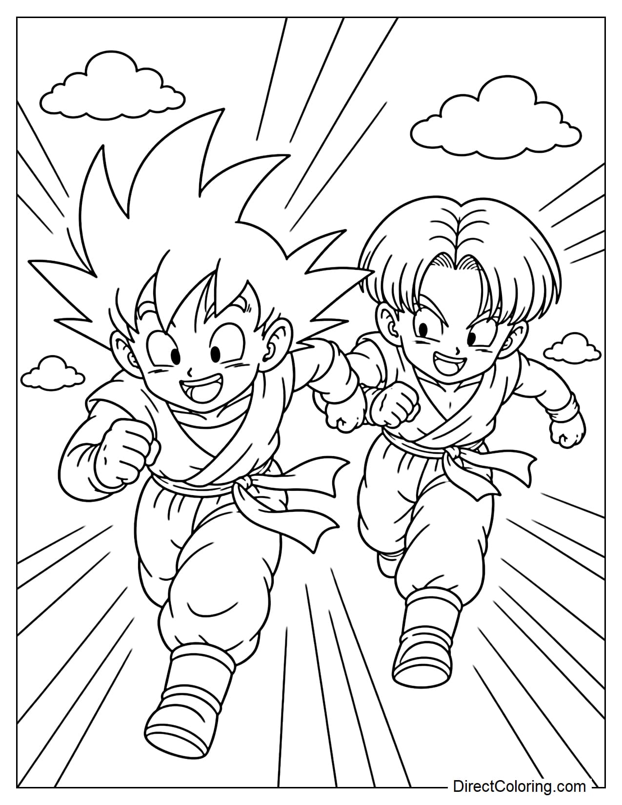 Goten and Trunks are rushing forward together with mischievous smiles, their diagonal running stances full of energy, with large moving trails and small clouds in the background.