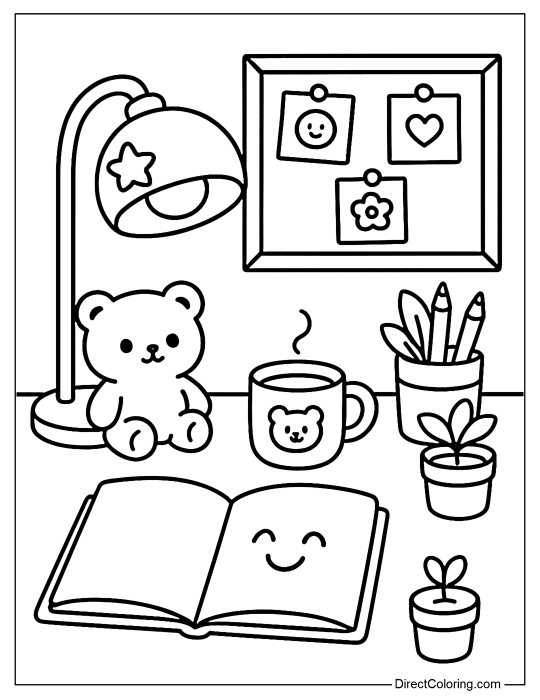 Study corner coloring page with desk lamp, note book, water cup, pin board and small plush bear decoration.
