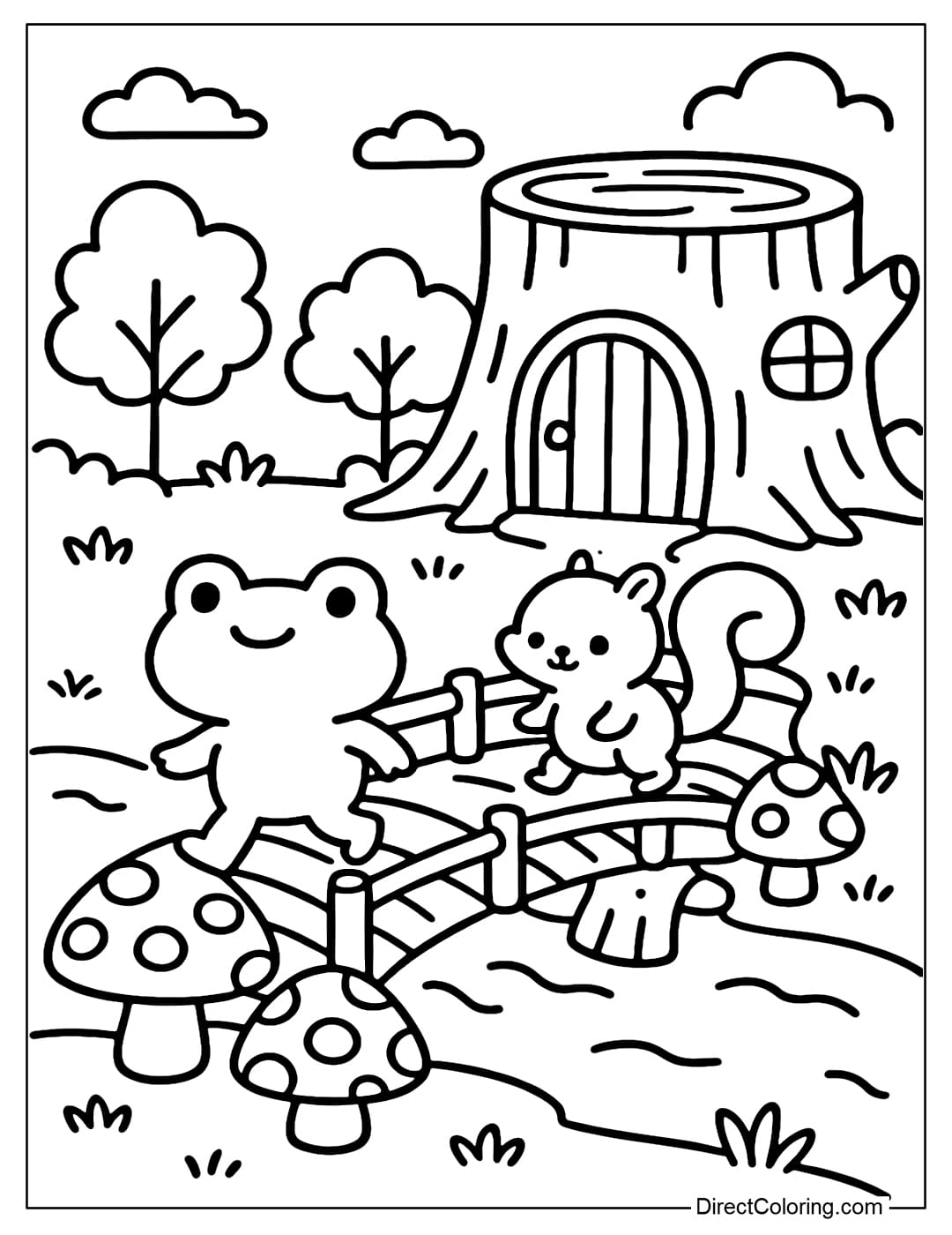 Bridge of Mushrooms Coloring Page A mushroom bridge coloring page leading to a tree stump house, with frogs and squirrels crossing.