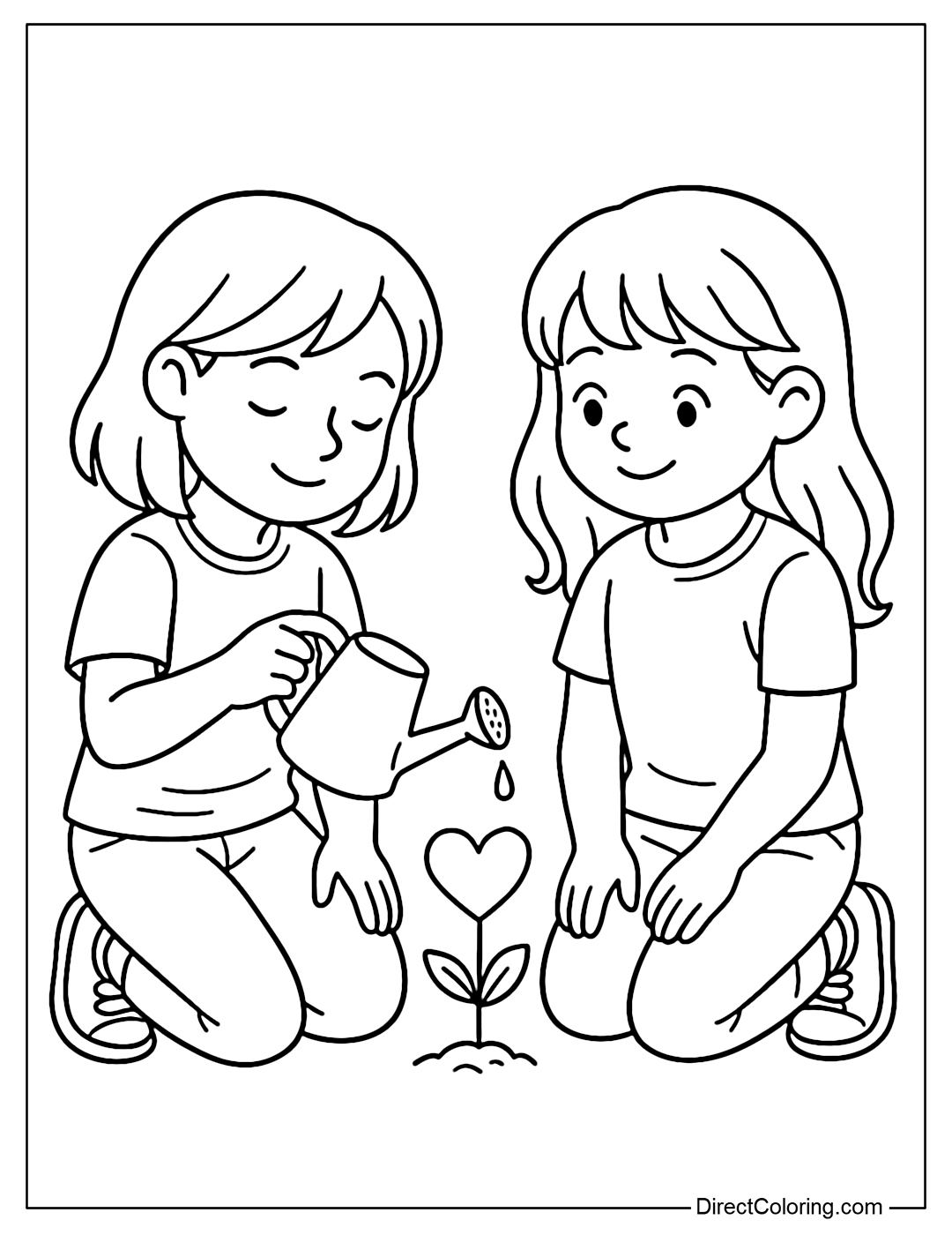 Coloring page of two friends watering a small plant together, with a heart-shaped flower blooming below.