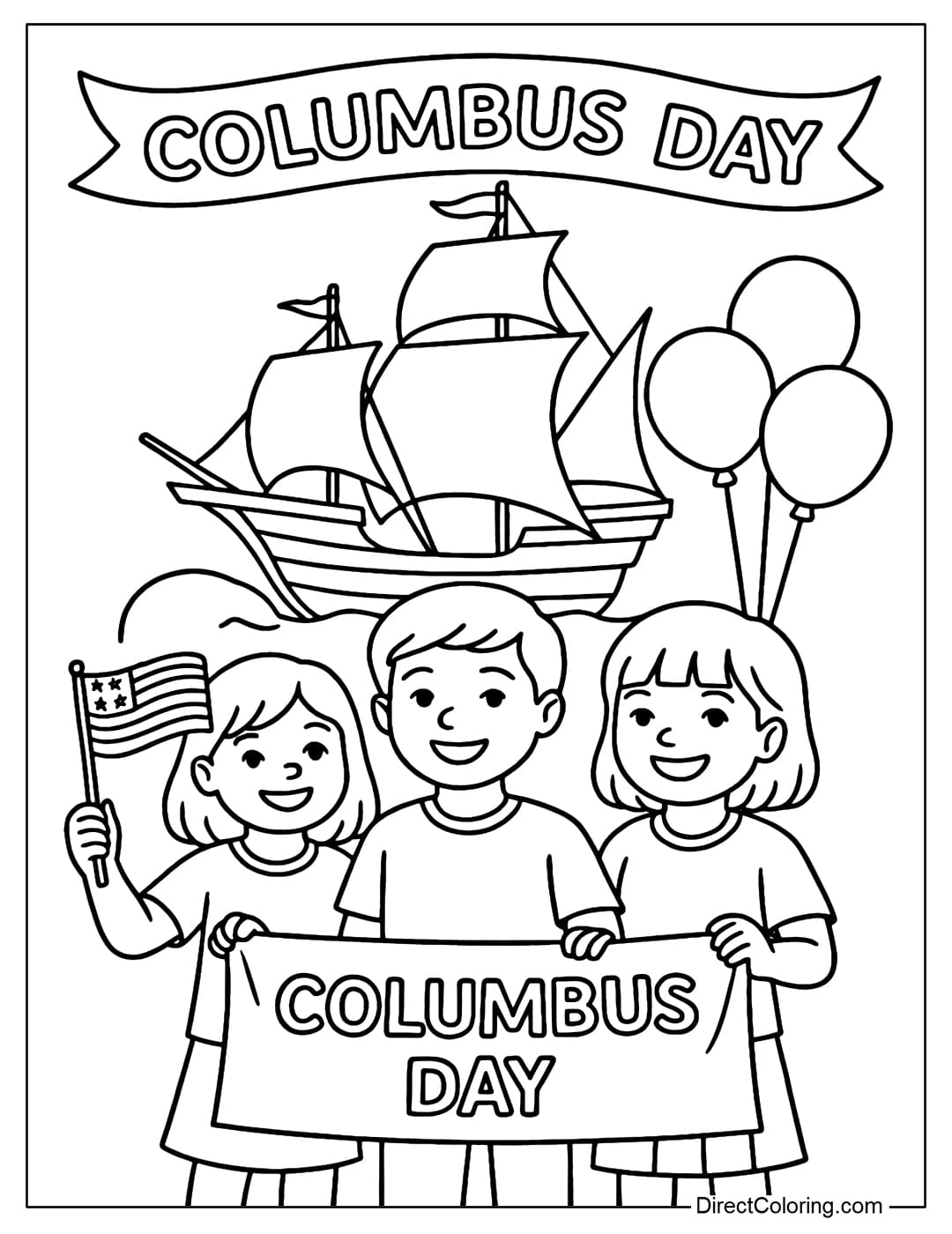 Coloring page of American children holding flags, balloons and a banner saying 