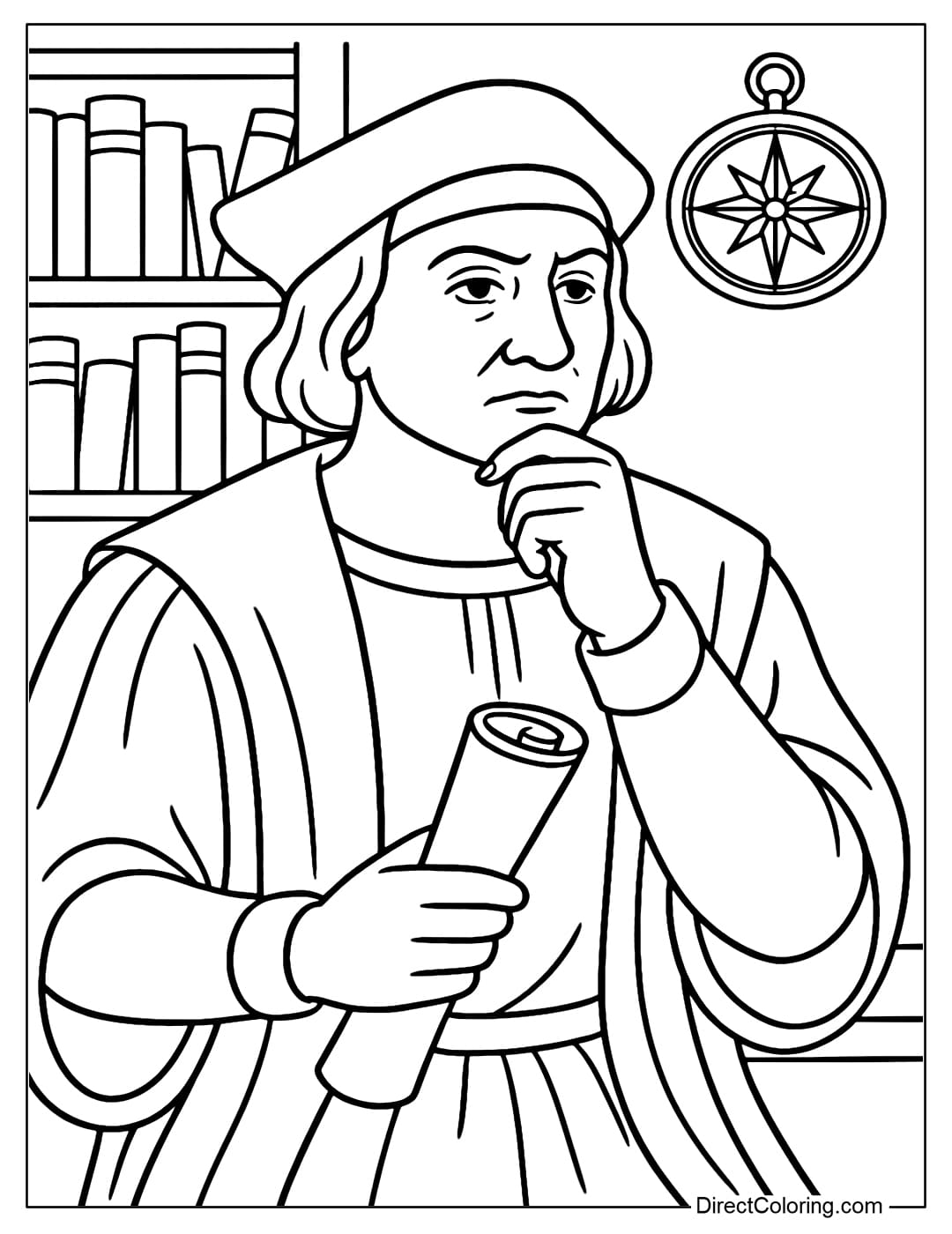 Coloring page of Columbus holding a scroll of map paper, his face is thoughtful, behind him is a bookshelf and a hanging compass.