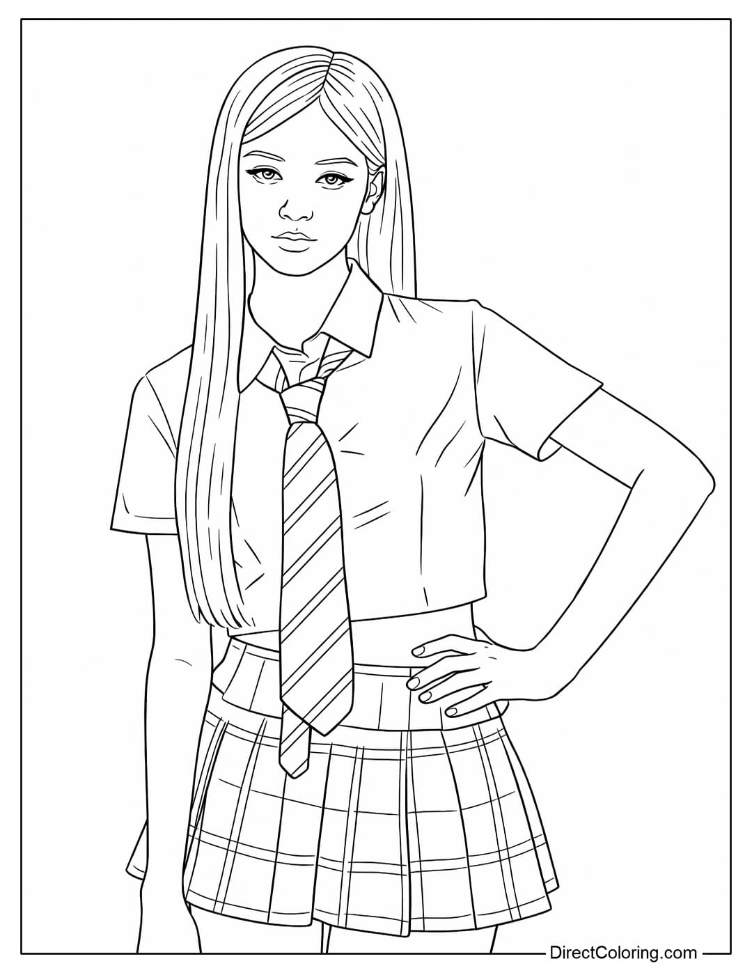 A coloring page of Rosé Blackpink with a beautiful face, confident gaze, wearing a crop shirt with a tie and a pleated skirt.