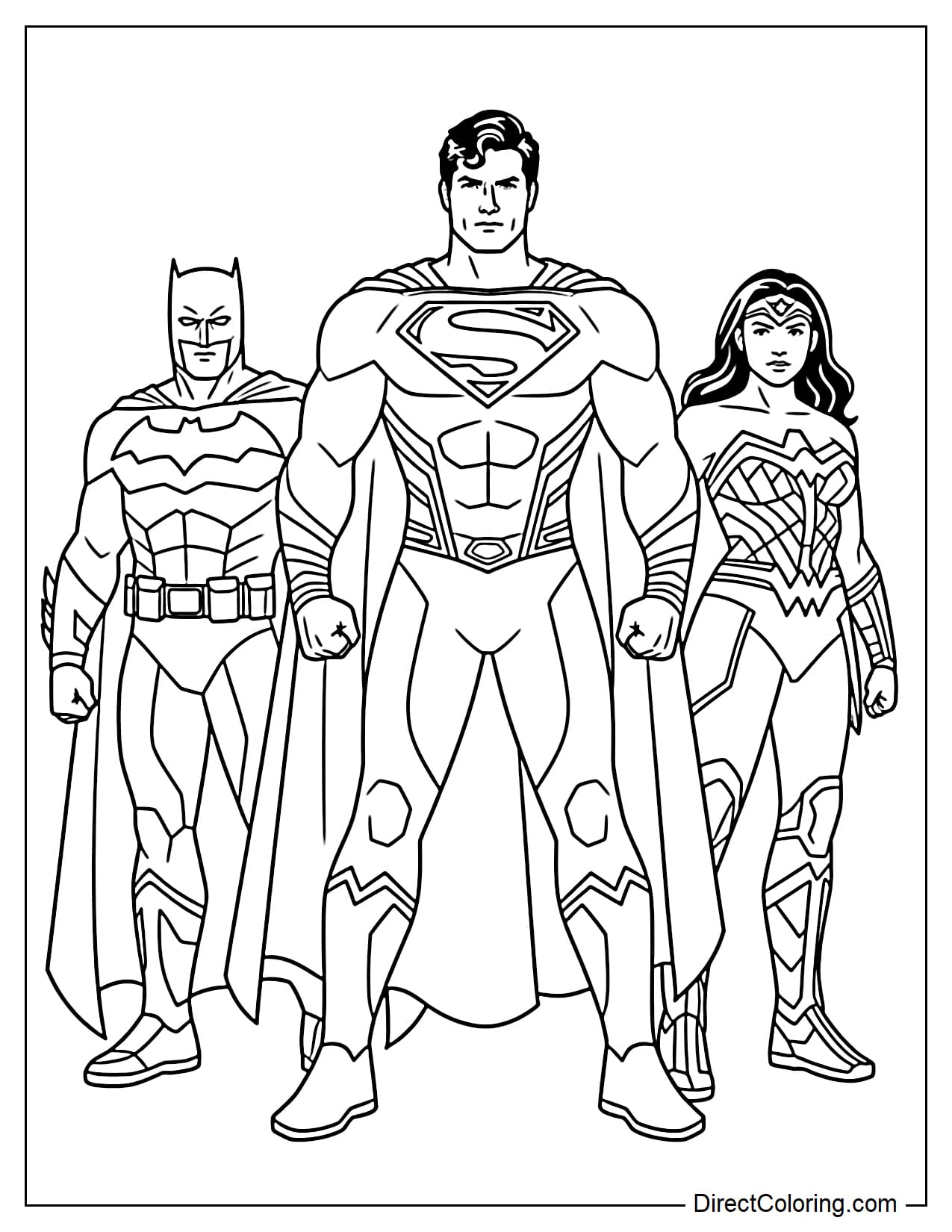 Superman stands in a heroic pose with two members of the Justice League, Batman and Wonder Woman.