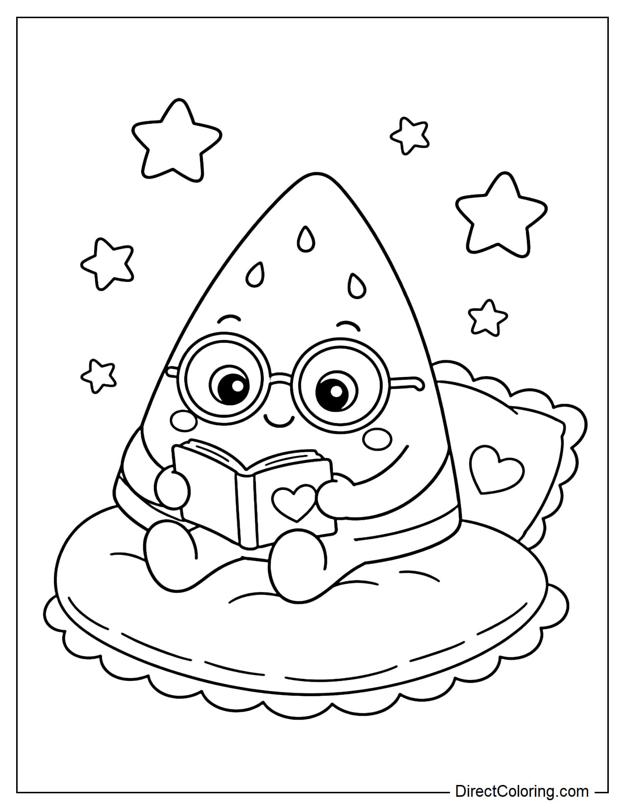 A tiny slice of watermelon sitting and reading a tiny book with cute round glasses, some stars, and a soft pillow beside it.