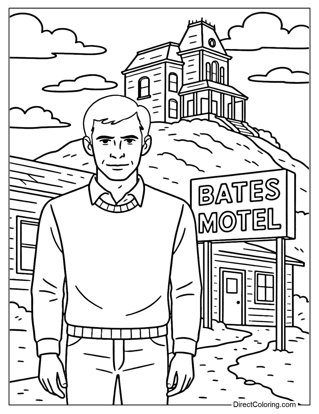 Norman Bates Coloring Sheet Norman Bates coloring page in a casual outfit, standing in front of the Bates Motel.