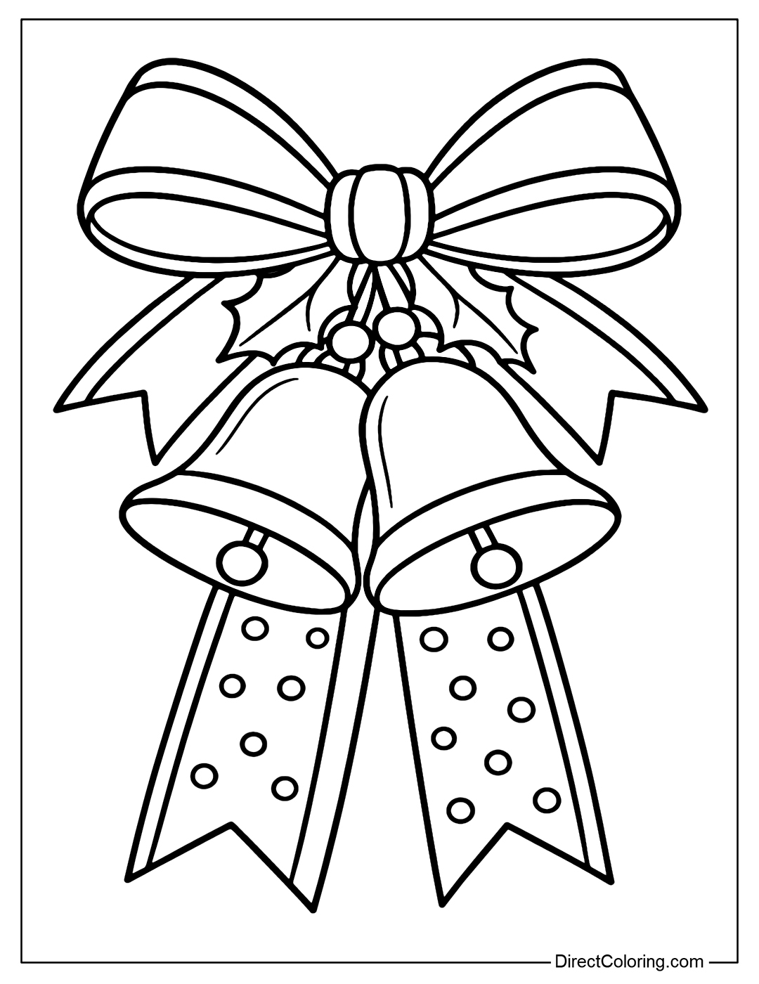 A large bow coloring page with two large bells and a few small holly leaves hanging in the middle.