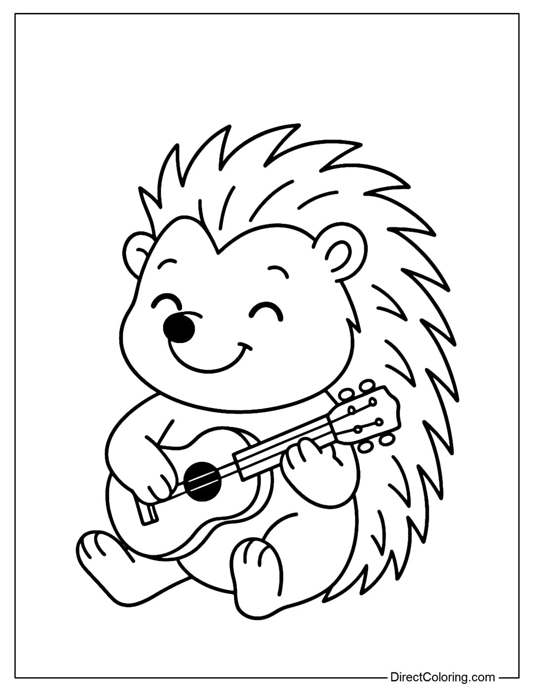 Musician Hedgehog Coloring Page A hedgehog coloring page playing a small guitar, smiling happily.