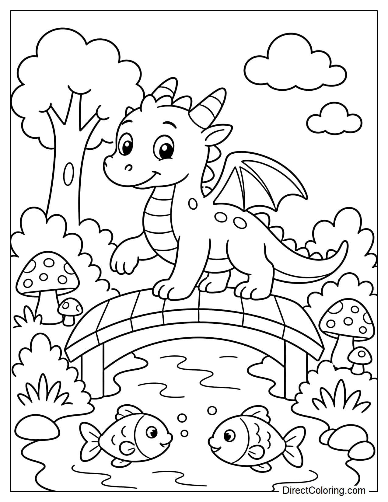 A dragon is walking across a curved wooden bridge over a small stream. Below are two large fish, and on both sides of the bridge are mushrooms and grass.