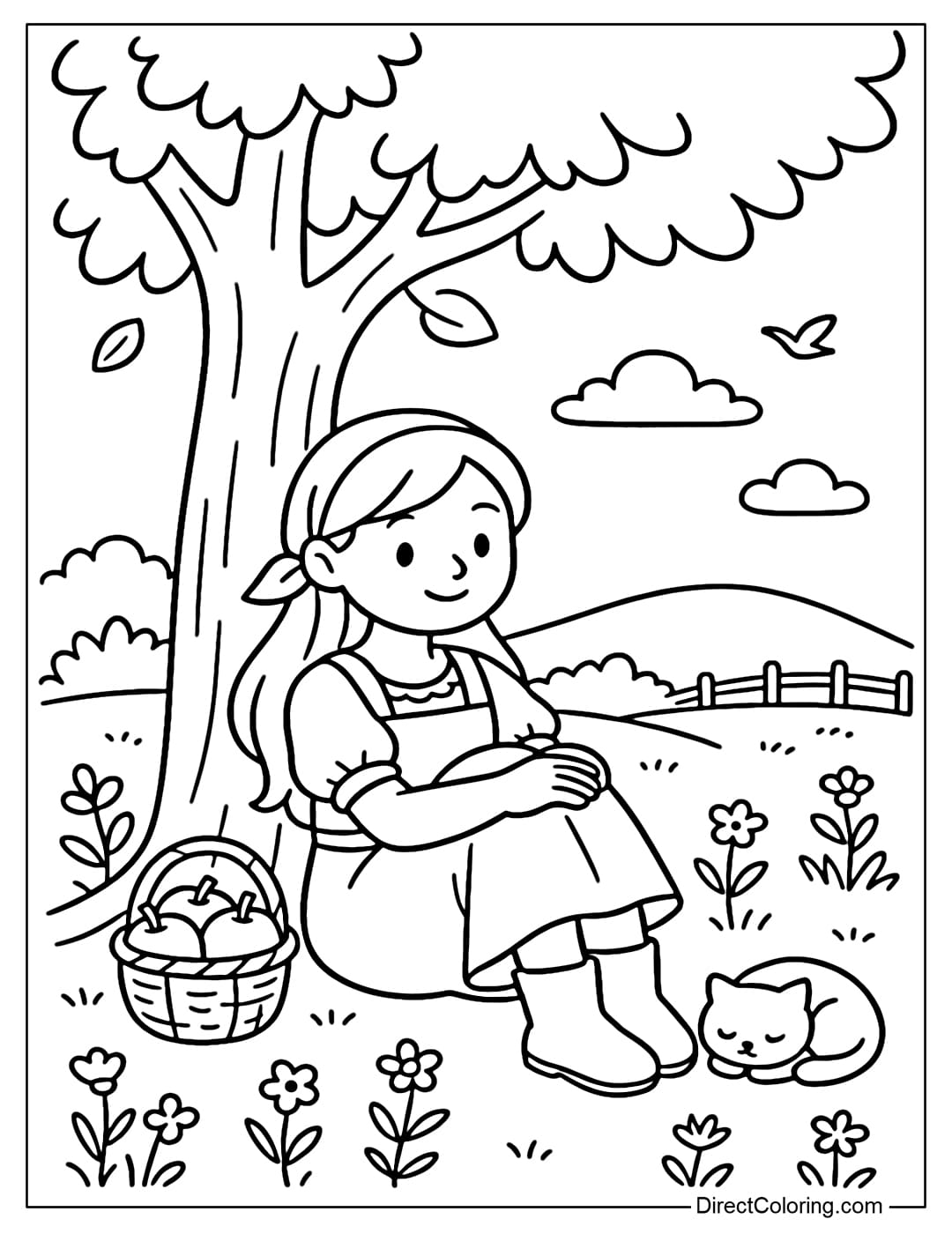 Coloring page of a farm girl lying under an apple tree, holding a book, a cat sleeping on her belly.