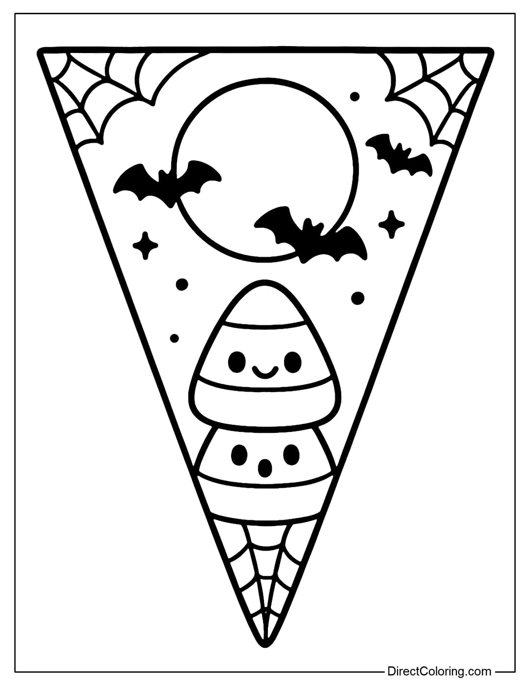 Triangle Halloween flag coloring page, background with a large full moon, surrounded by flying bats.