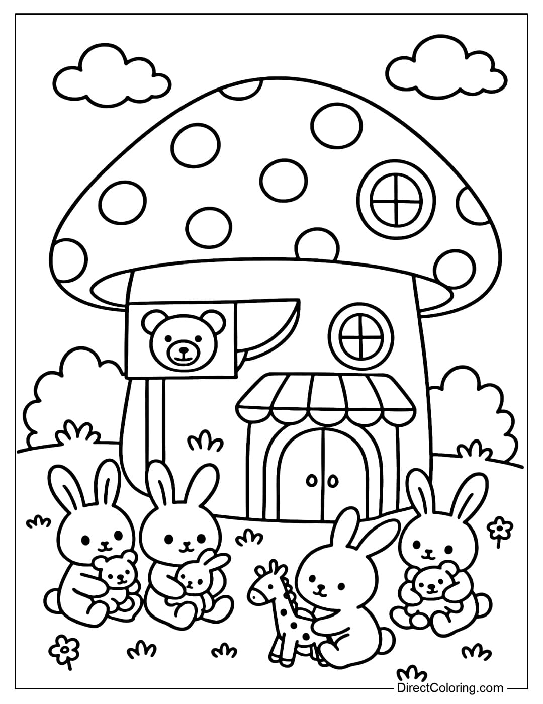 Mushroom Toy Shop Coloring Page Coloring page of a toy store with a large mushroom shape, a round polka dot dome, a cute round window. There is a teddy bear sign in front of the door.