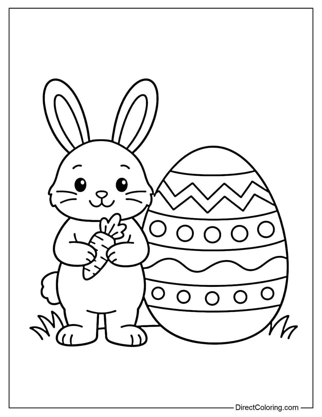 An Easter bunny coloring page holding a small carrot and standing next to a large egg.