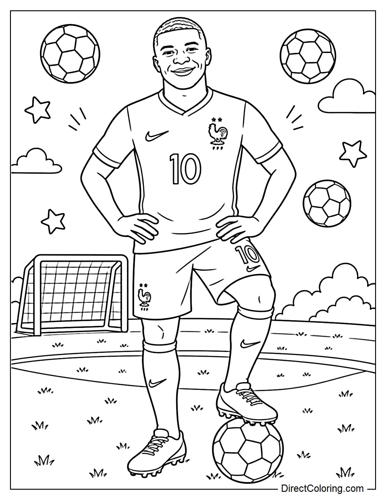 Kylian Mbappé stands confidently, one foot on a ball, hands on hips, with a grass field, small goalposts, and some decorative footballs in the background.