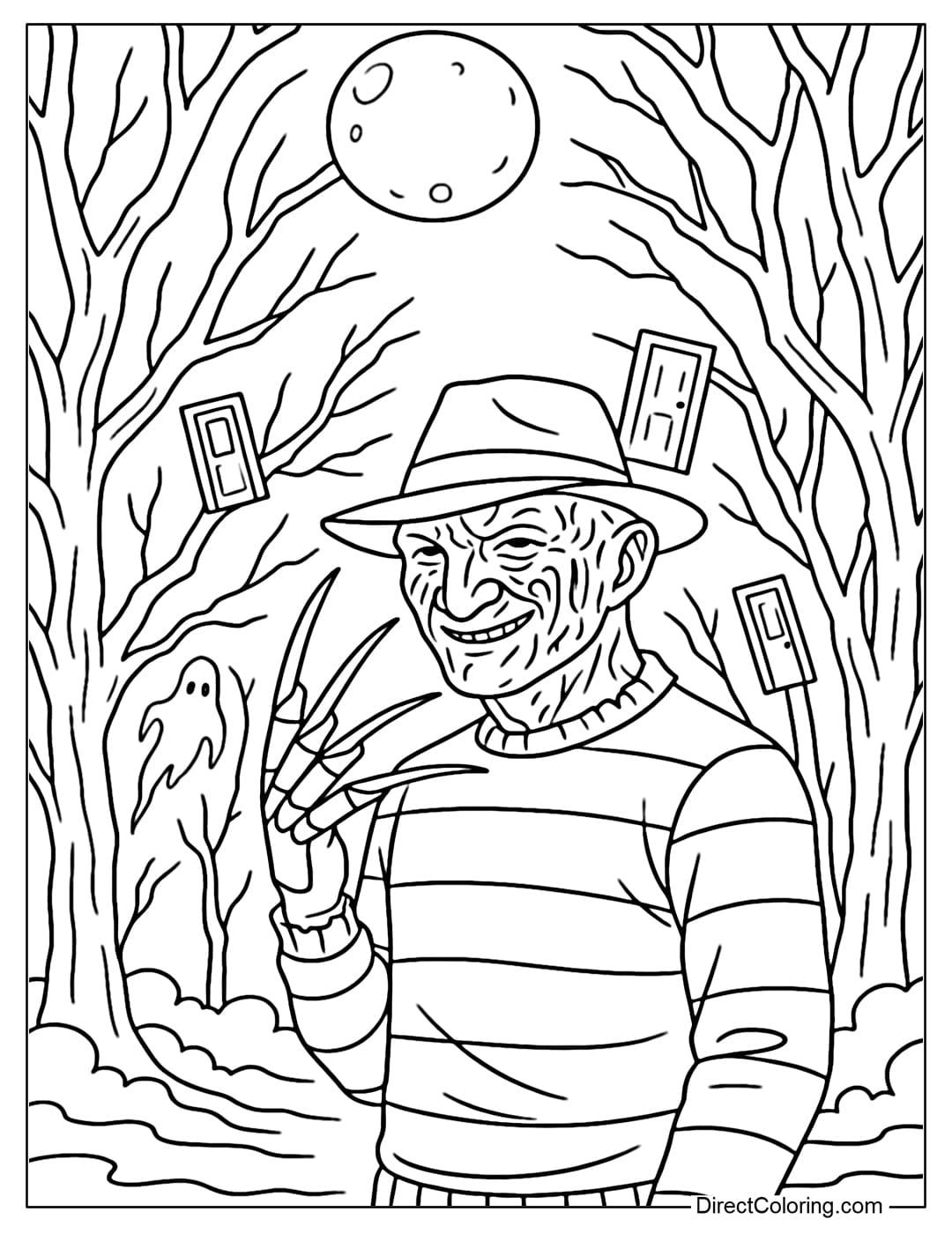 Freddy Krueger Haunted Forest Coloring Page Freddy Krueger coloring page with his signature fedora and bladed gloves, lurking in the dark foggy forest.