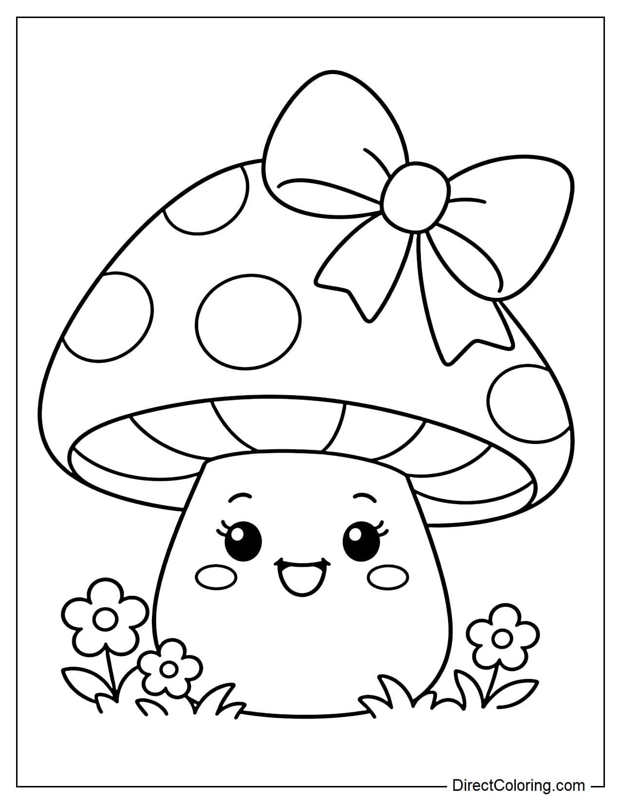 A cute mushroom with a large bow attached to one side of its cap, a cheerful face with round eyes, several large round spots on the cap, and a few small flowers around the base.