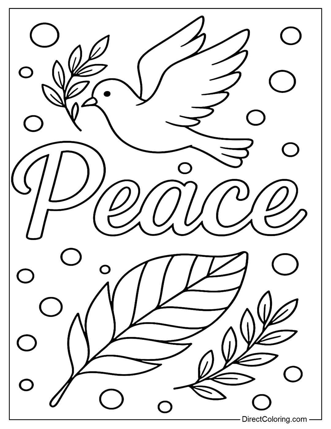 Peace coloring page with doves, olive branches and circles for a gentle feeling.