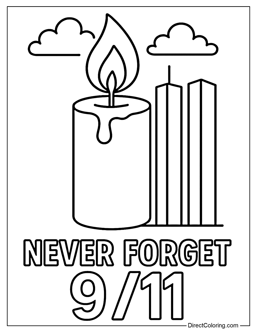 Coloring page of a memorial candle, behind are the twin towers, below is the words 