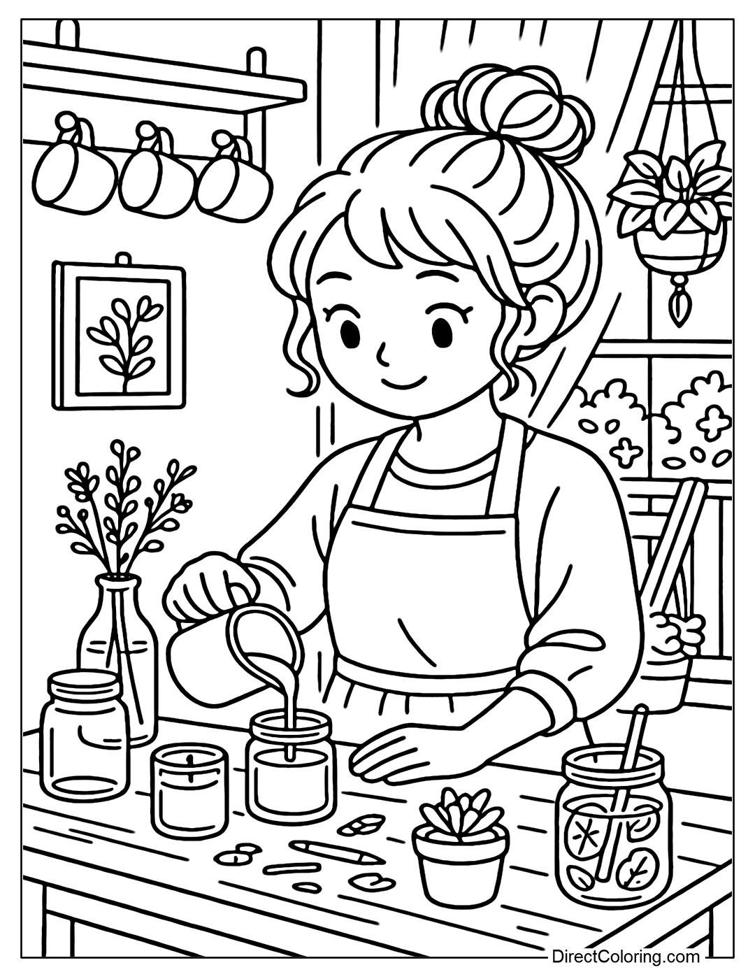 A coloring page of a girl pouring candle wax on a small kitchen table. Surrounded by glass jars, dried flowers, and detox cups.