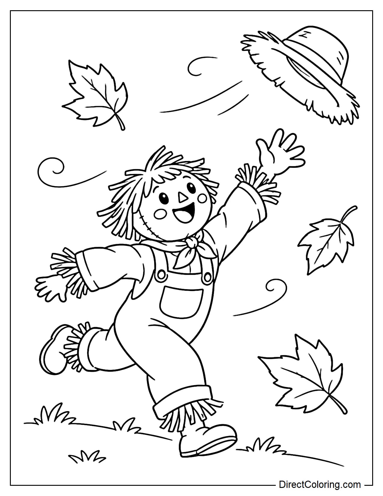 A cheerful scarecrow runs after its straw hat as the wind blows it through the air, reaching up with one hand while a few large autumn leaves swirl around.
