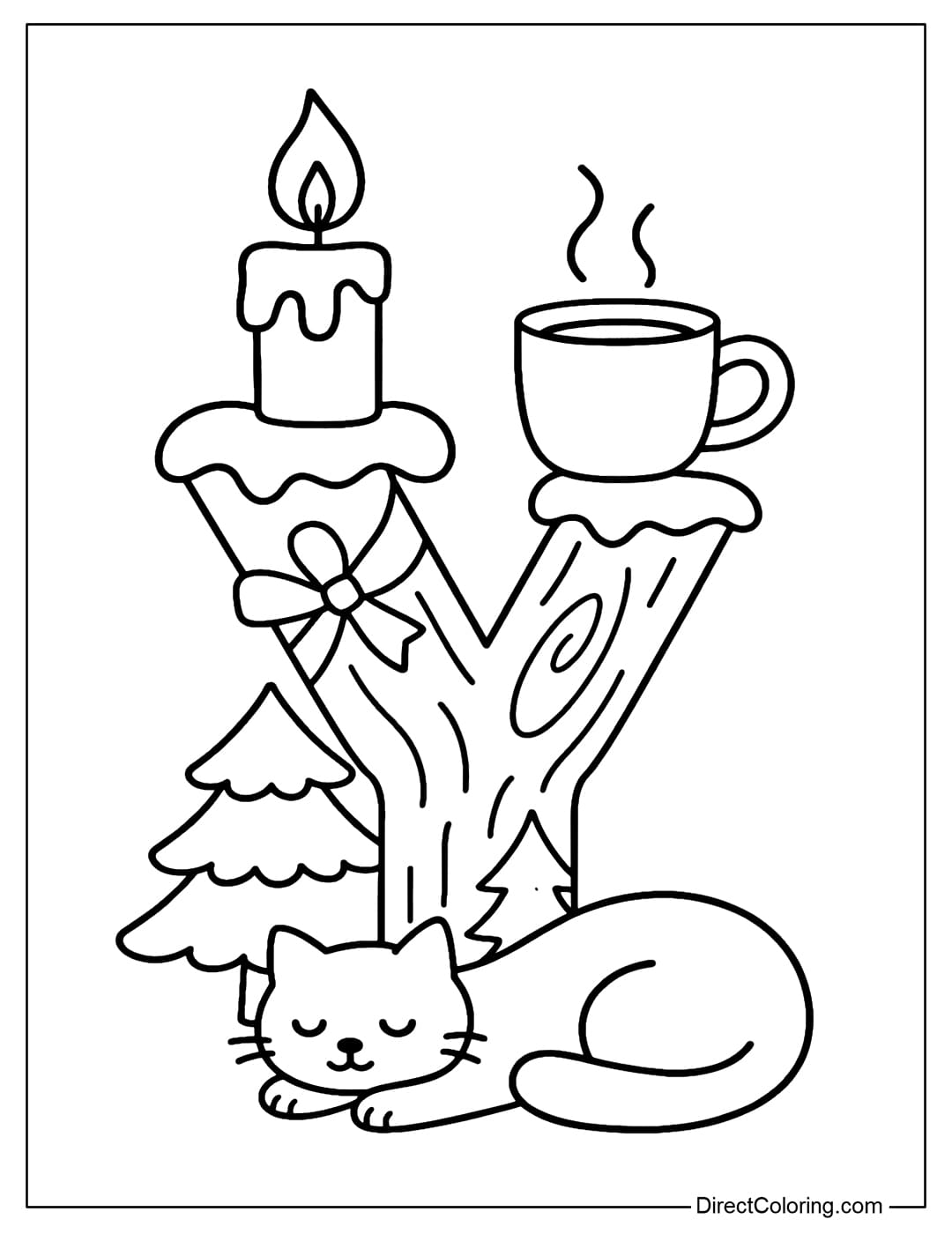 The Letter Y coloring page is made from a snow-covered Yule log, with a burning candle on top, a cup of steaming cocoa next to it, and a little cat lying next to it.