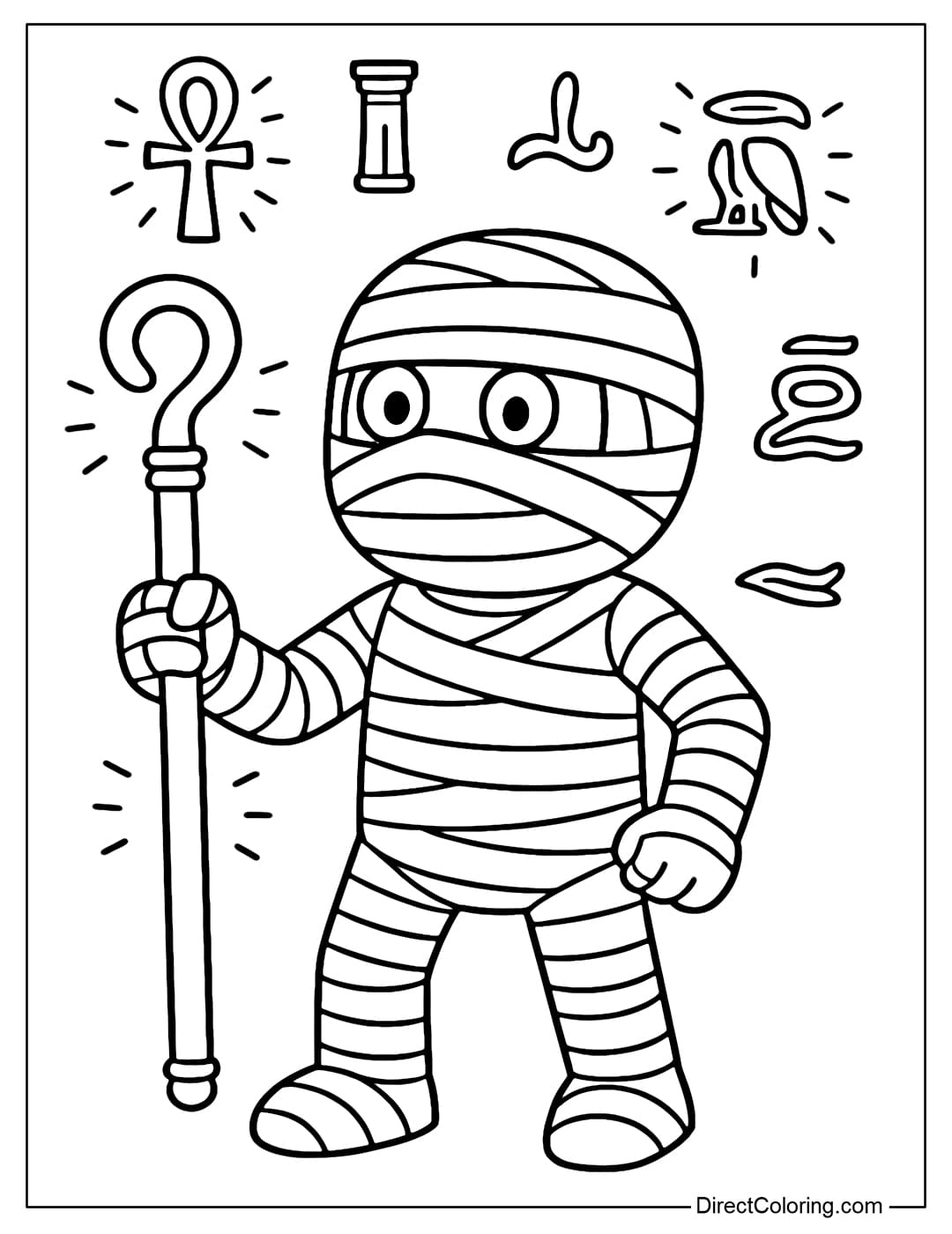 A mummy coloring page holding a magic wand, surrounded by hieroglyphics floating like a spell.