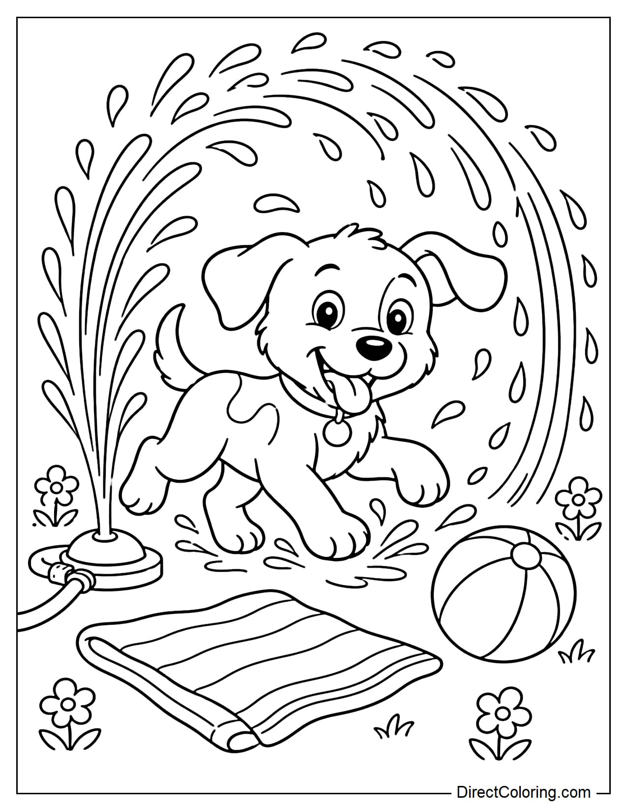 A happy puppy plays with a sprinkler on a hot August day, the curved streams of water forming a large arch above.