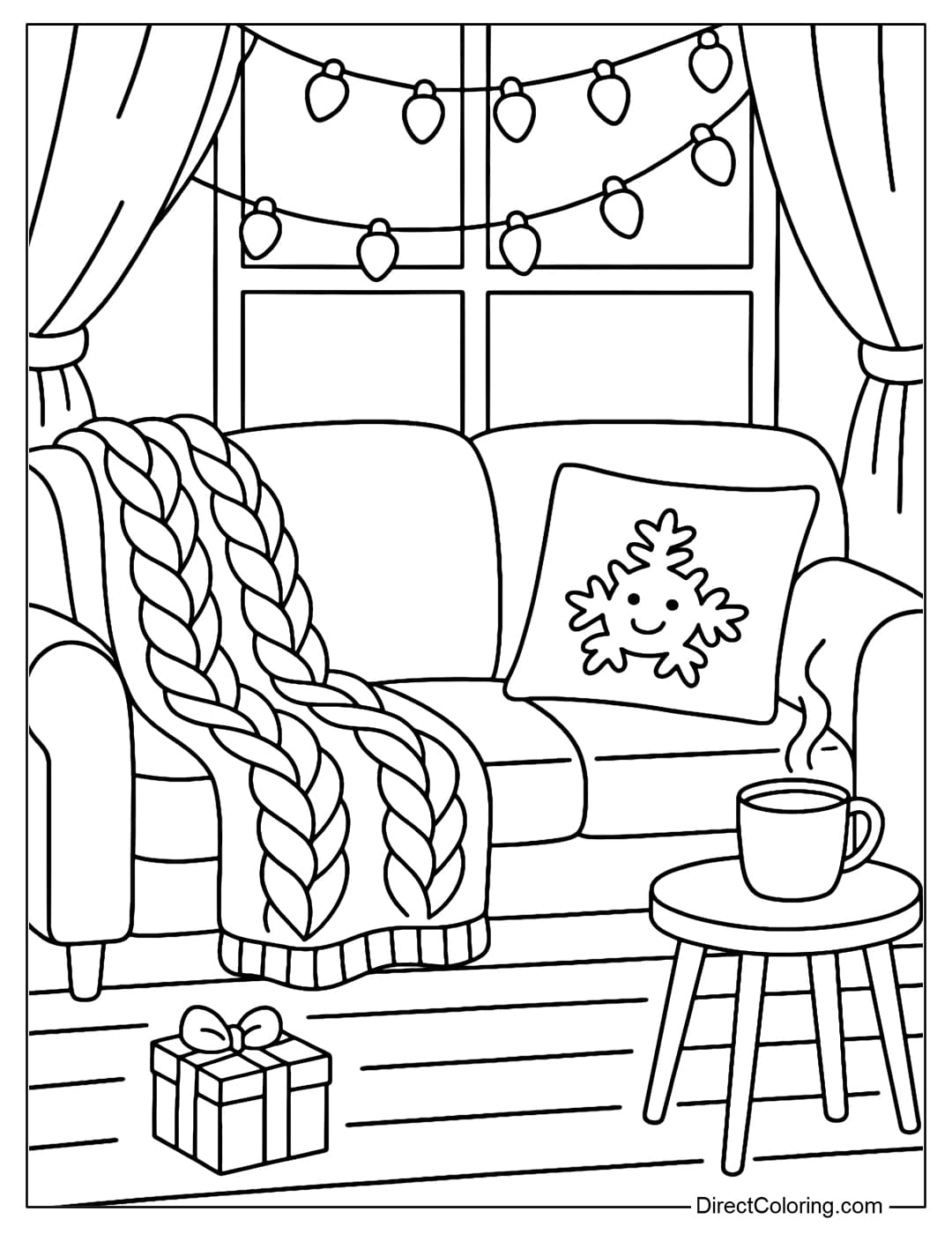 A sofa covered with a wool blanket and Christmas pillows, a small table with a cup of hot cocoa, and Christmas lights hanging around the window.