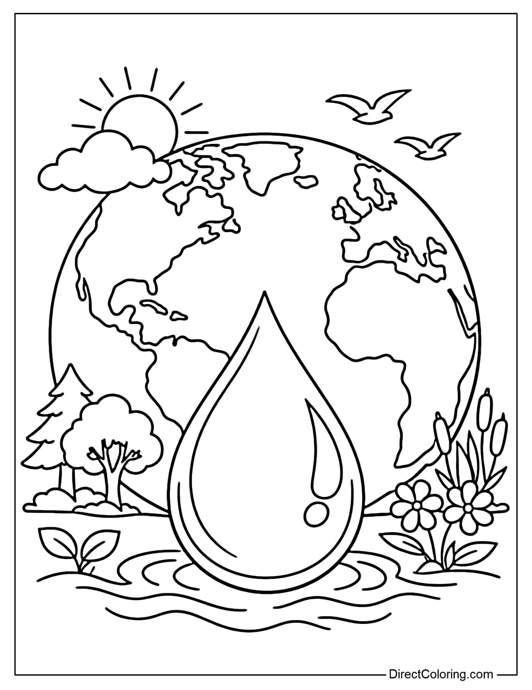 A coloring page featuring a large Earth in the center with a large water droplet in front, symbolizing water protection.