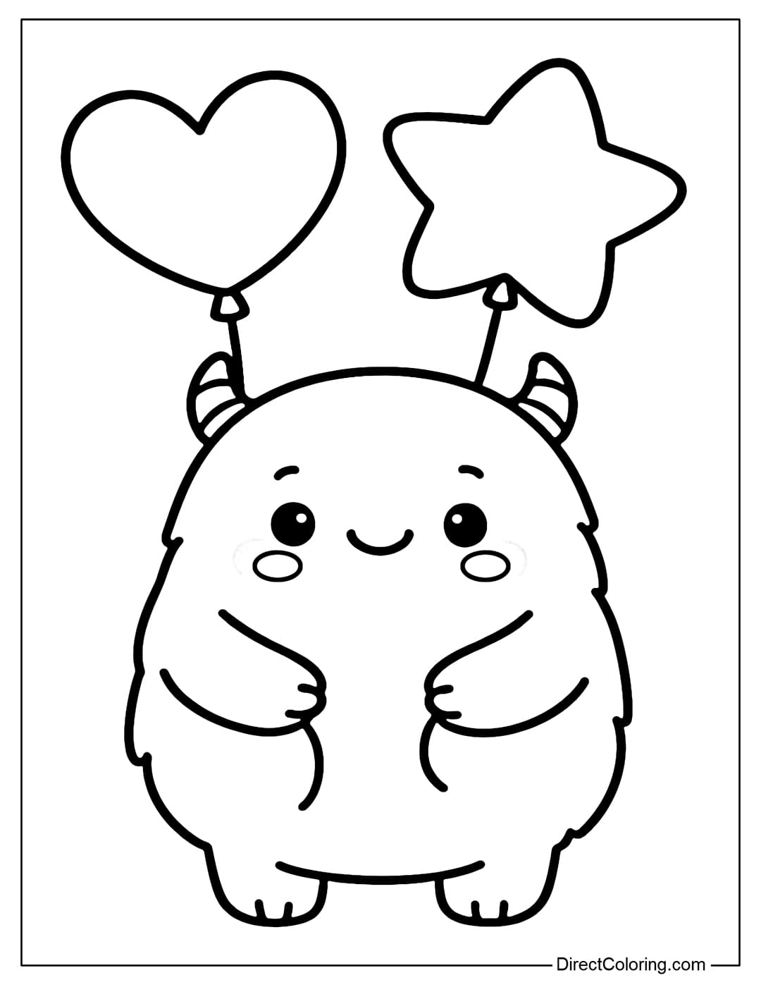 A fat round monster coloring page with two short horns, holding a bunch of heart-shaped and star-shaped balloons.