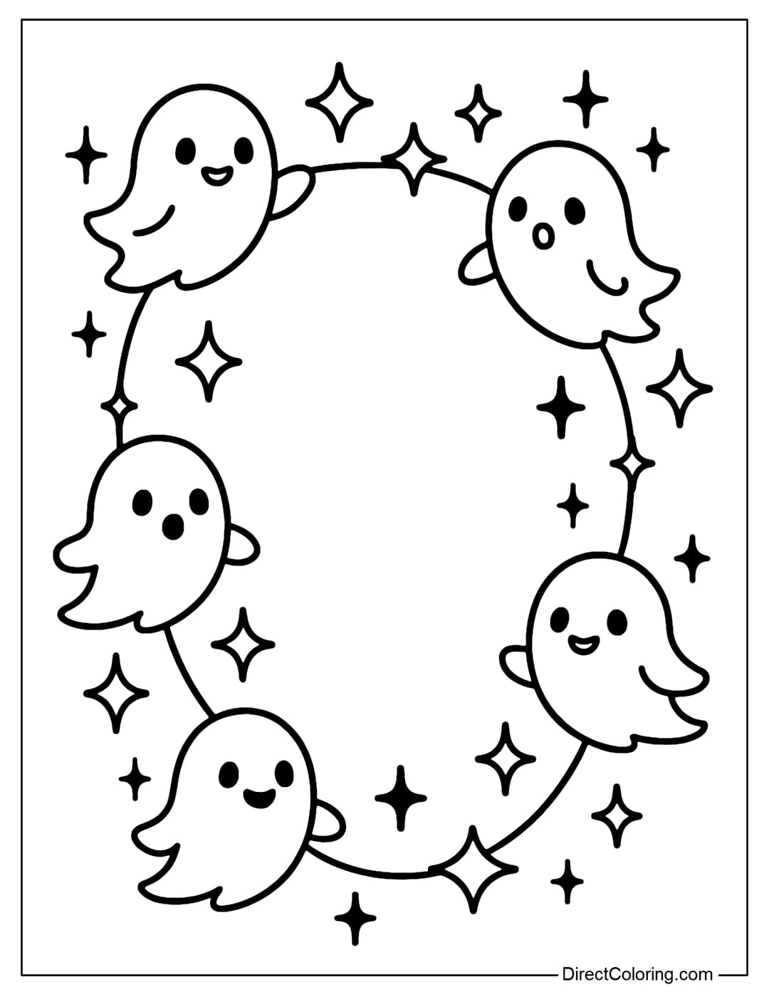 Halloween necklace coloring page with little ghosts flying among the sparkling stars.