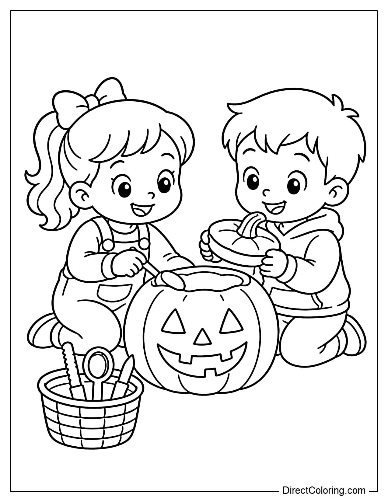 Two children sitting beside a large pumpkin and carving a jack-o'-lantern face together, with one child holding a small spoon and the other holding the pumpkin lid.
