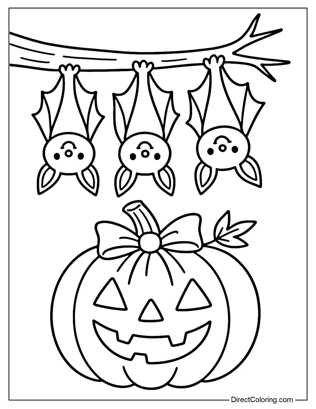 Coloring page of cute little bats hanging upside down on a tree branch, below is a glowing pumpkin.