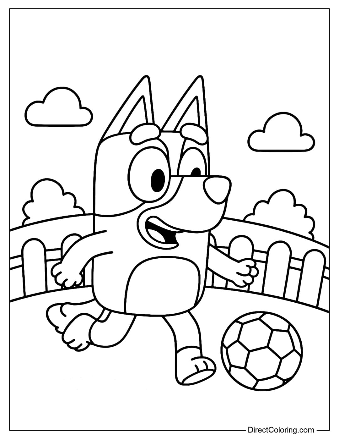 Bluey color page is kicking a soccer ball, the background has a simple curved fence and a few bushes on both sides.