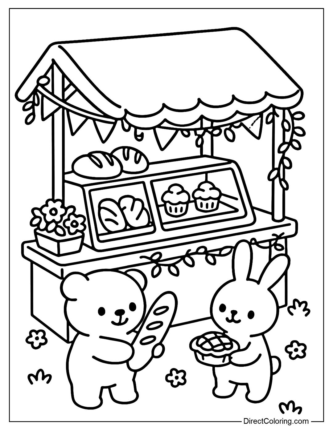 Farmer's Market bakery stall coloring page side perspective, canopy with flags and vines, flower pots in front of table; bear chooses baguette, rabbit holds pie; in the counter see bread loaf, muffin.