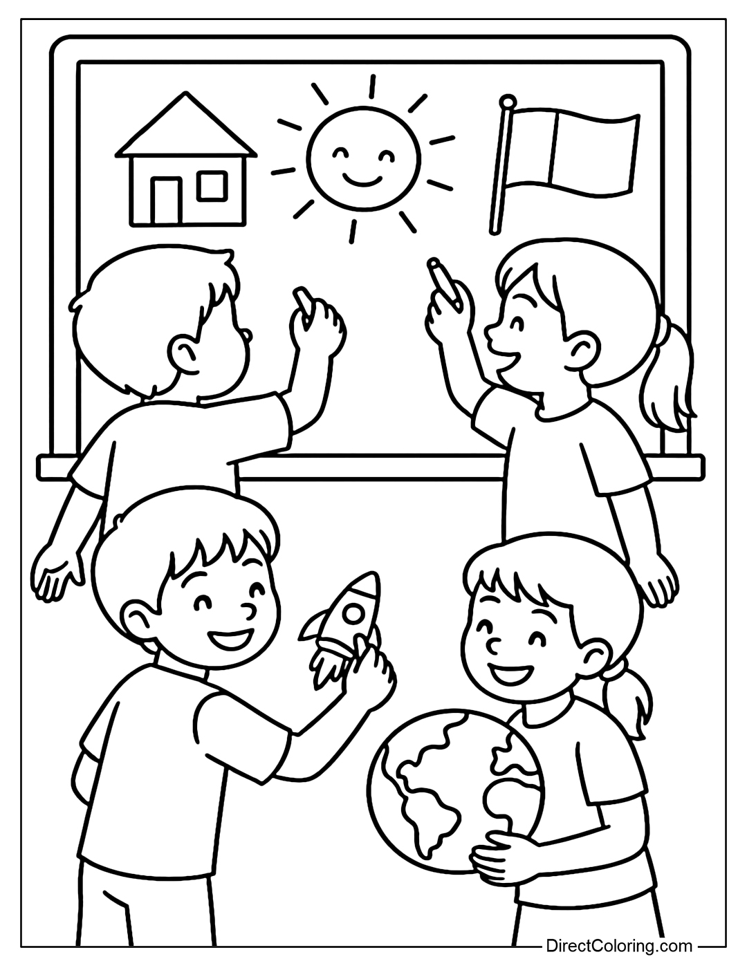 Coloring page of children drawing their dreams on the board, with a house, the sun, and international flags.