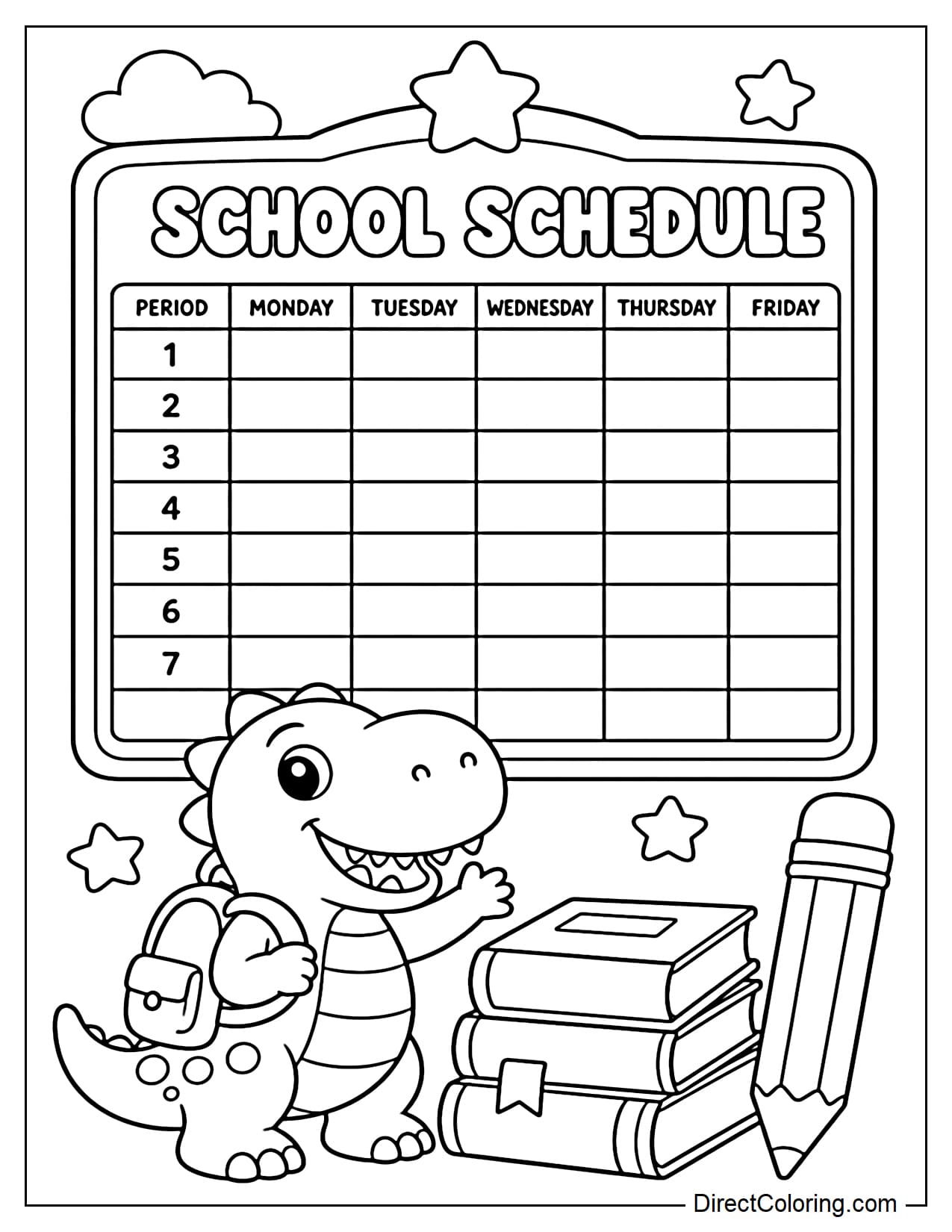 A school schedule featuring an adorable T-Rex dinosaur wearing a small backpack standing next to a schedule board, with a few books and a large pencil below.