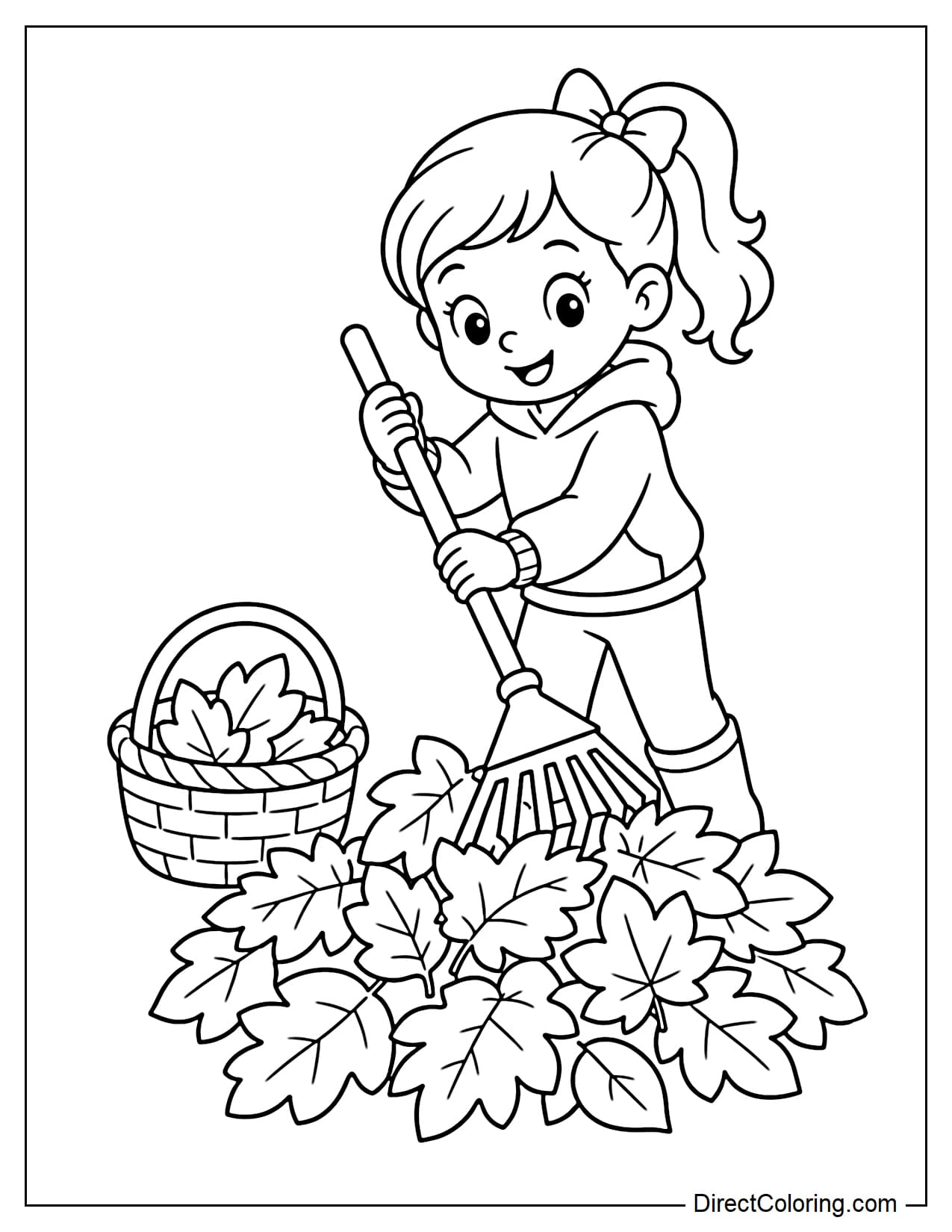 A little girl uses a rake to gather autumn leaves into a large pile, with a small basket of leaves beside her.