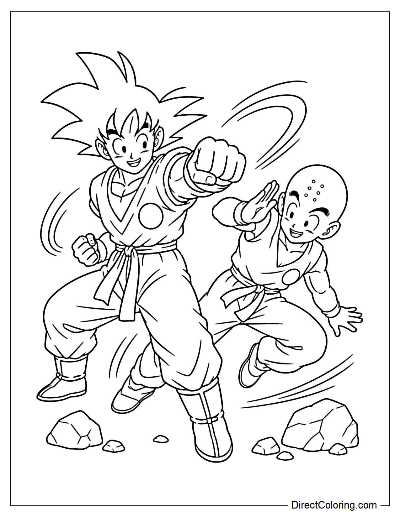 Goku and Krillin are sparring together, one throwing punches while the other dodges, with rocks and moving paths below.