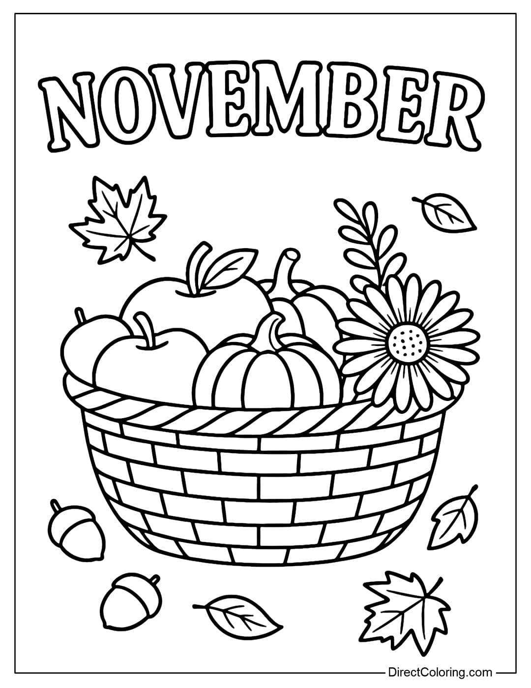 A coloring page with the word NOVEMBER, below is a wicker basket with apples, a small pumpkin, and autumn daisies.