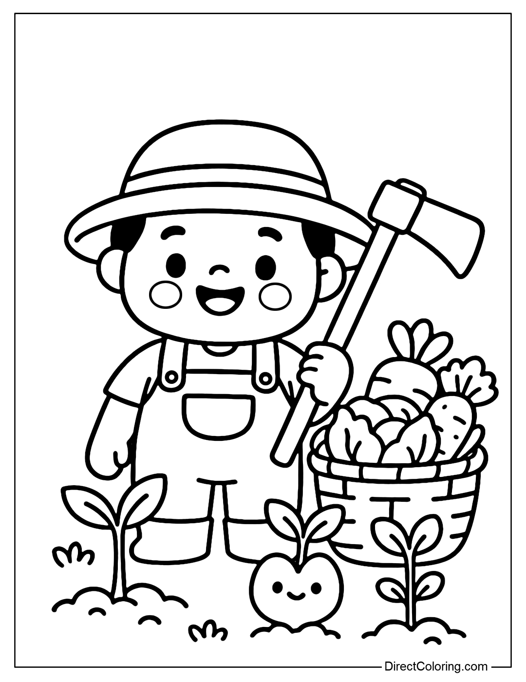 Coloring page of a happy farmer holding a hoe, next to a basket of vegetables and some cute plants.