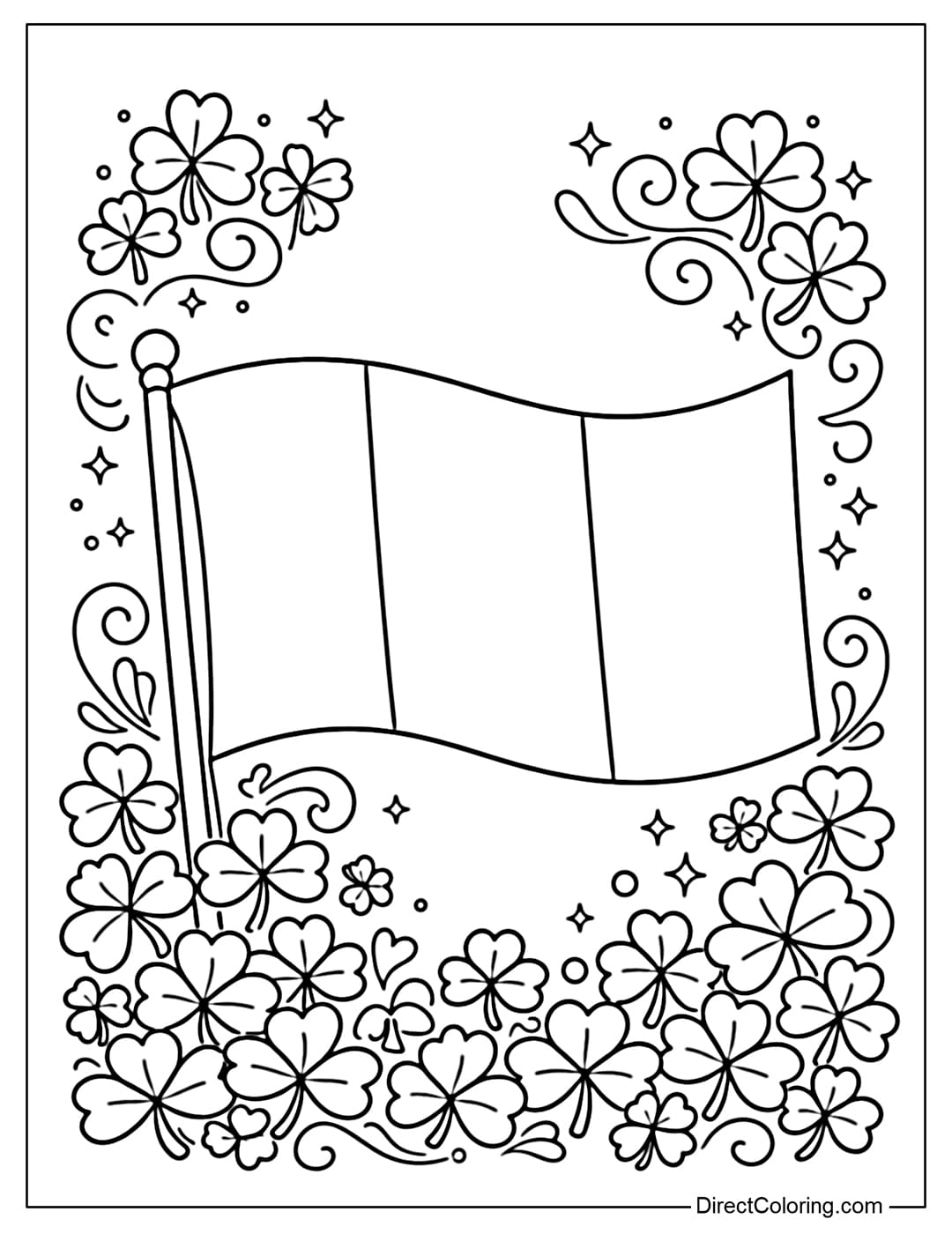 Coloring page of the Irish flag with shamrocks as decorations.