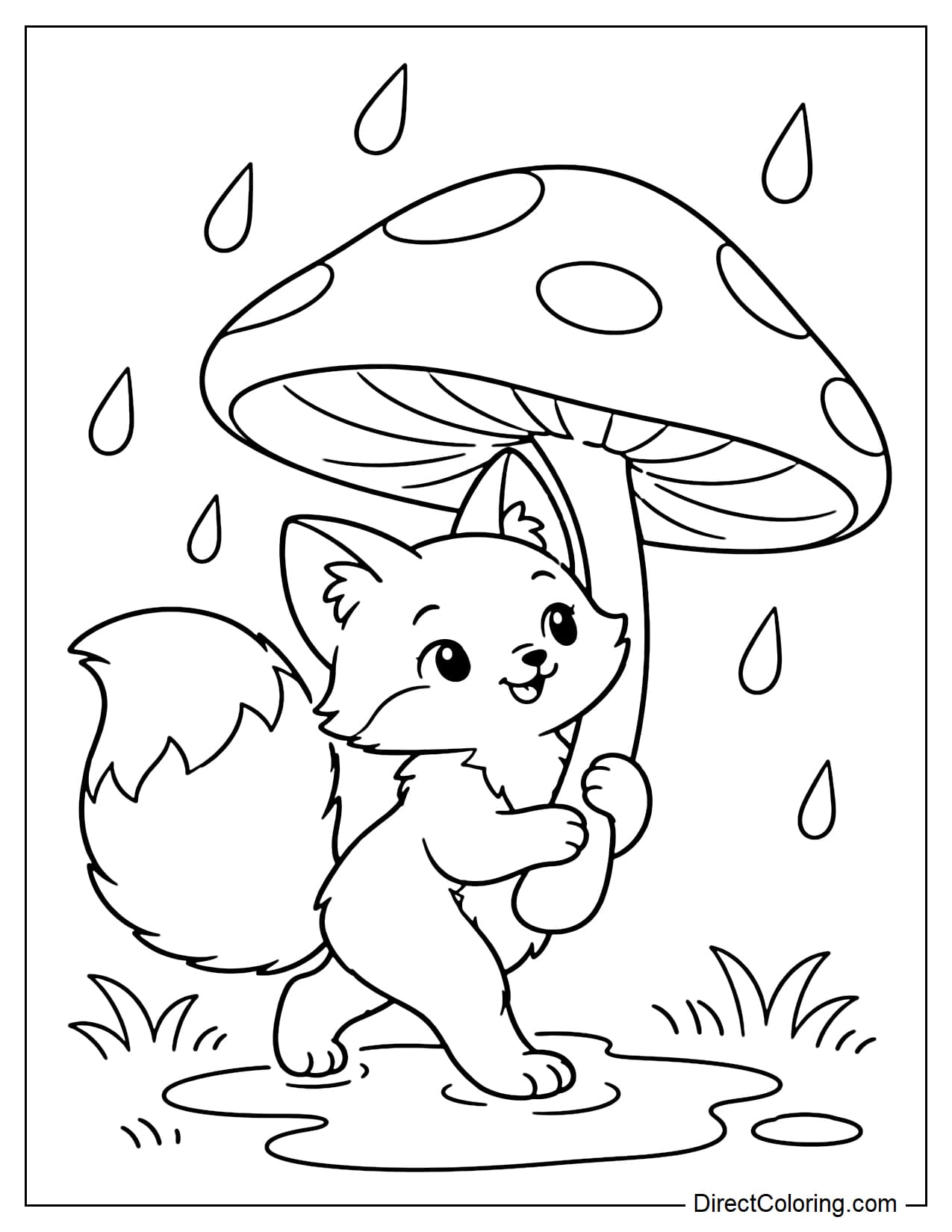 A small fox walks beneath large falling raindrops, holding the stem of a giant mushroom above its head and using the mushroom cap as an umbrella.