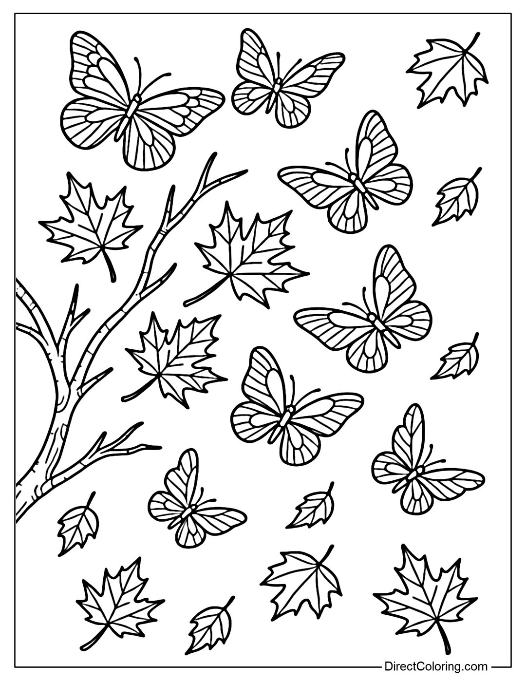 A flock of butterflies flying around a branch of a fallen maple tree.