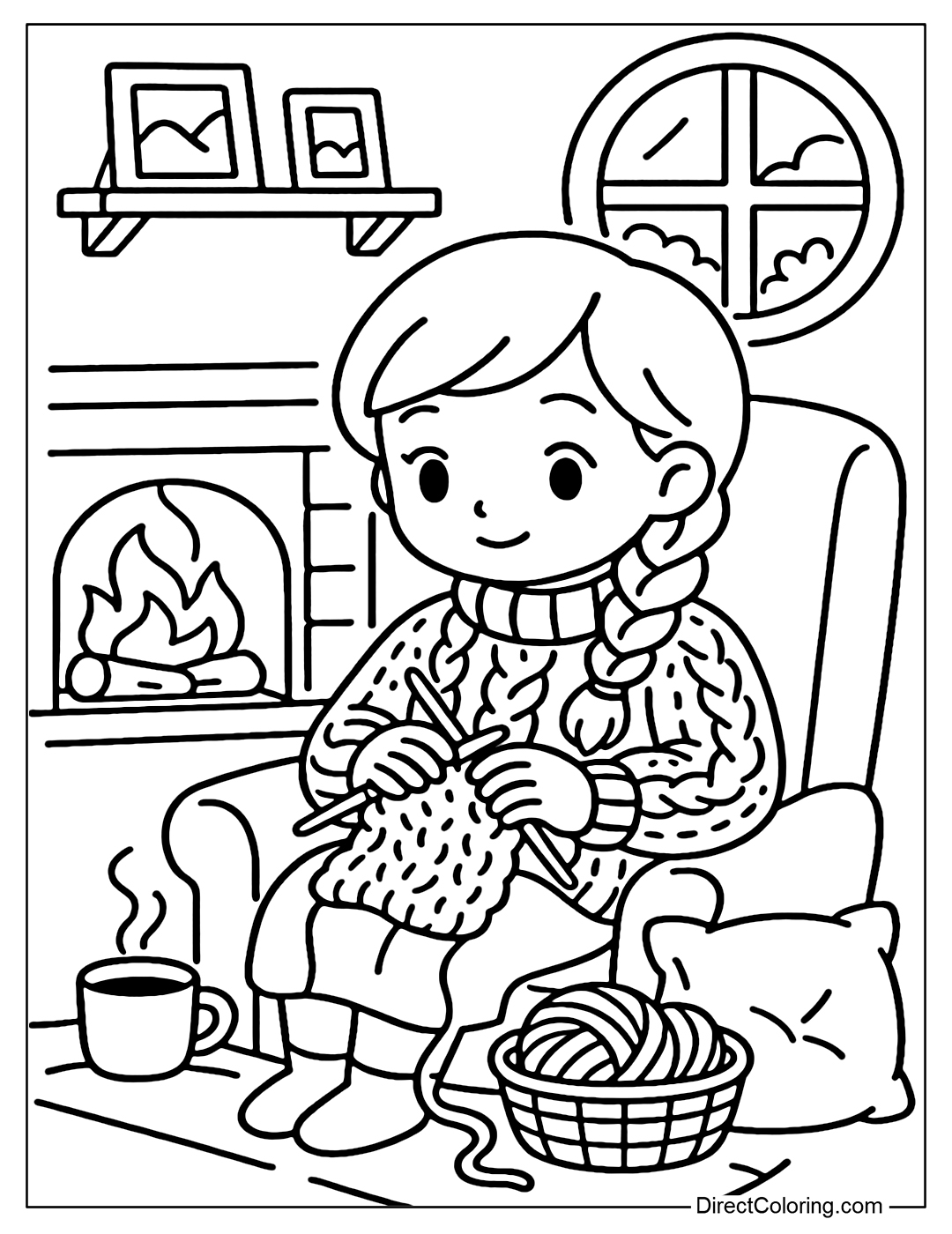 A girl sitting on an armchair by a fireplace with a wooden shelf behind her. Behind is a wooden shelf with pictures, next to a basket of yarn, a steaming cup of tea and a soft pillow.