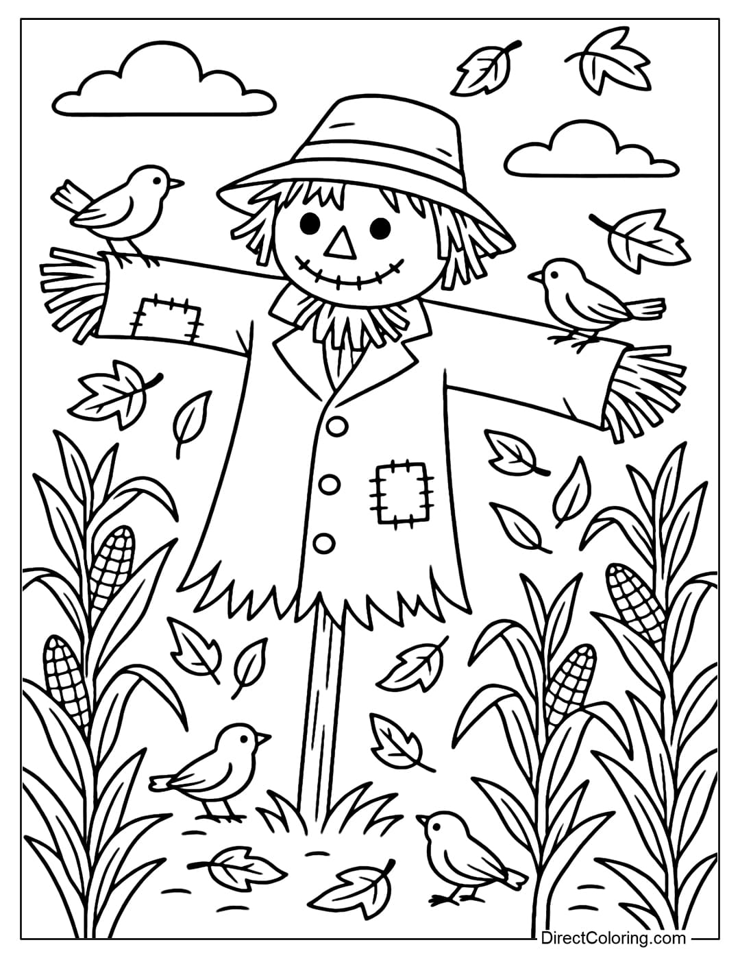 A scarecrow wearing a patched shirt standing in the middle of a cornfield, surrounded by sparrows and fallen yellow leaves.